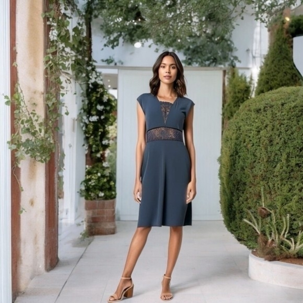 LOVE 21 Womens Navy Blue Lace Front Dress Sleeveless V Neck Sheath Midi Stretch